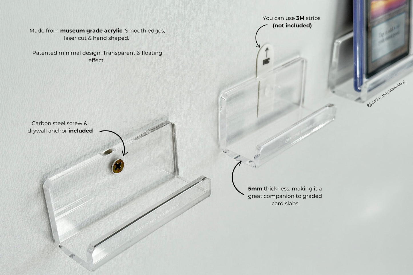 Clear acrylic display stand with text on a light gray background