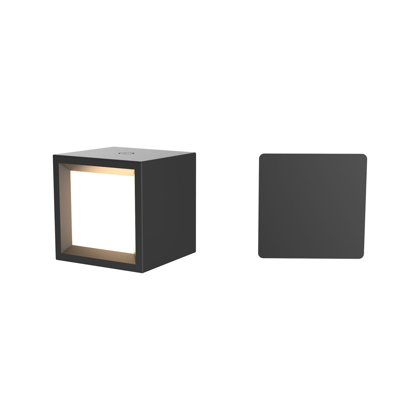 Black square wall light fixture on a white background