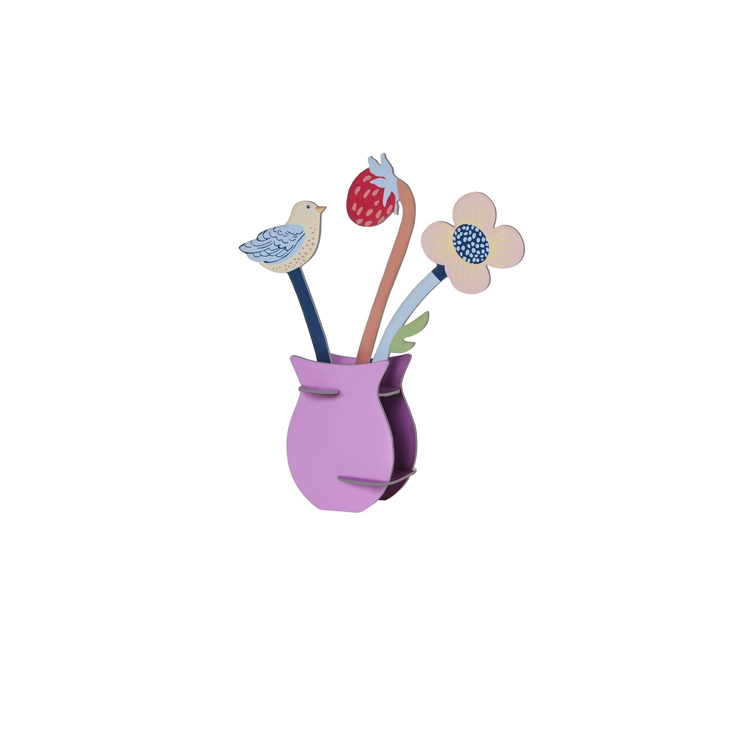Decorative set of sticks with a bird, strawberry, and flowers in a purple vase on a white background