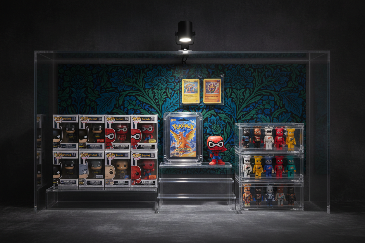 shelf with figurines, collection, trading cards