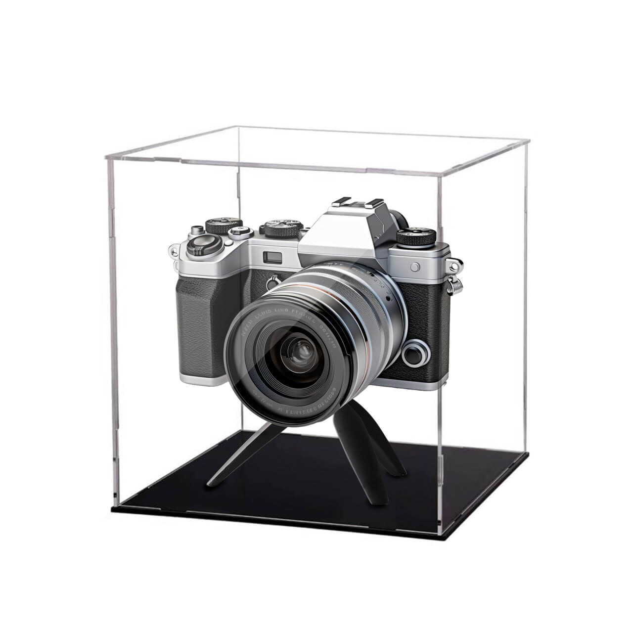Camera displayed in a clear acrylic case on a white background