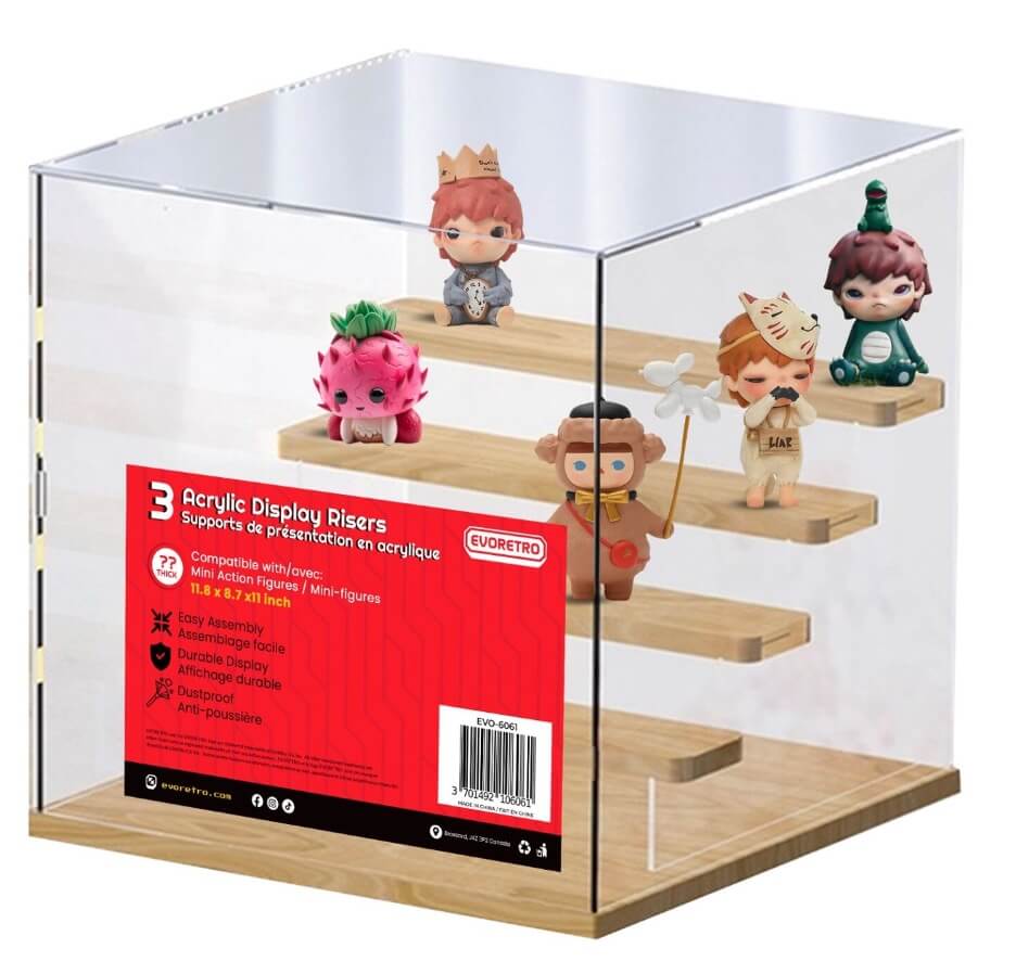 Acrylic display riser with wooden shelves holding small figurines, branded 'EUCRETRO'.