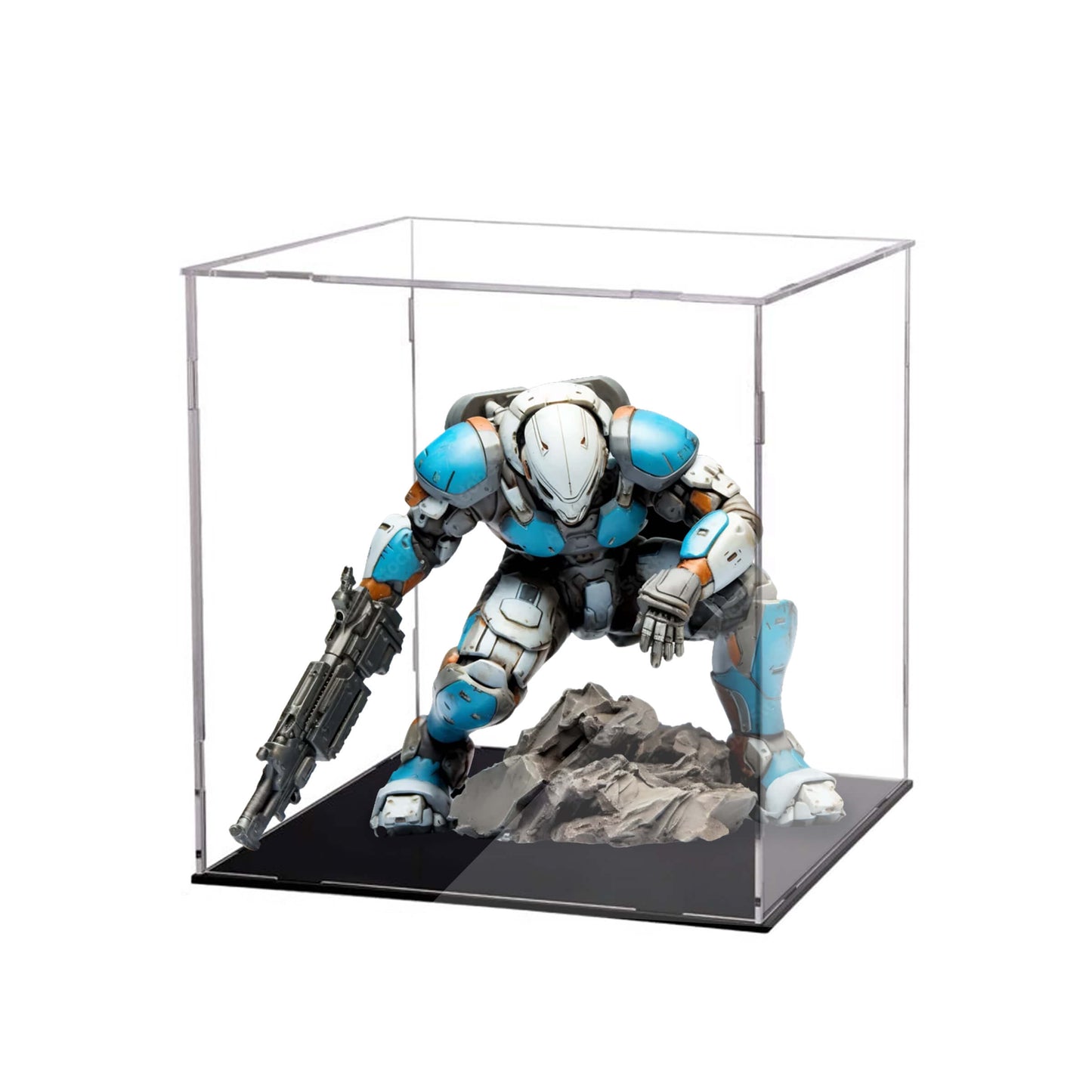 figure in a clear display case on a white background