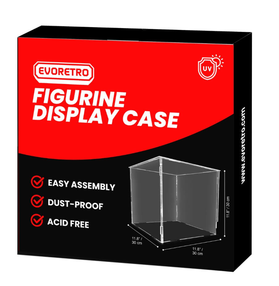 Evoretro figurine display case packaging with red and black design