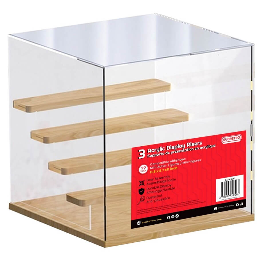 Acrylic display case with wooden shelves and a visible brand label on a white background