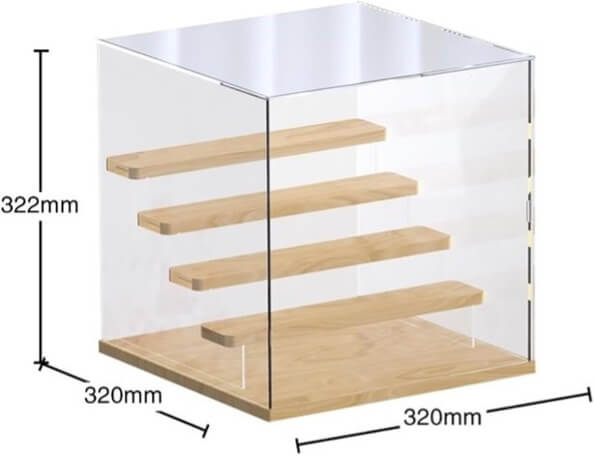 Clear acrylic display case with wooden shelves and dimensions labeled.