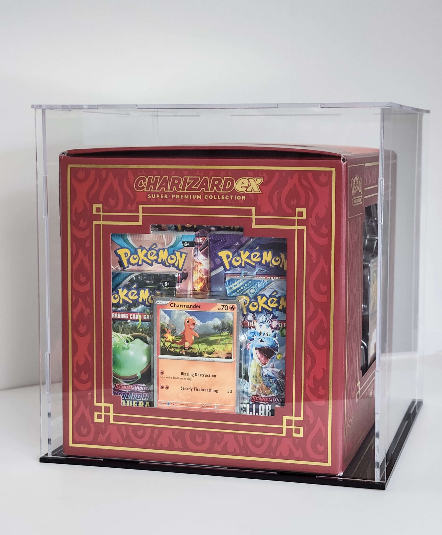 Pokémon trading card book with Charizardex branding in a clear display case.
