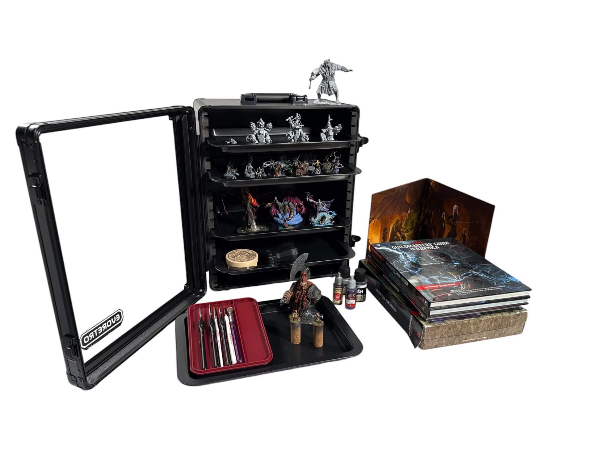 Collection of miniatures and gaming accessories on a white background