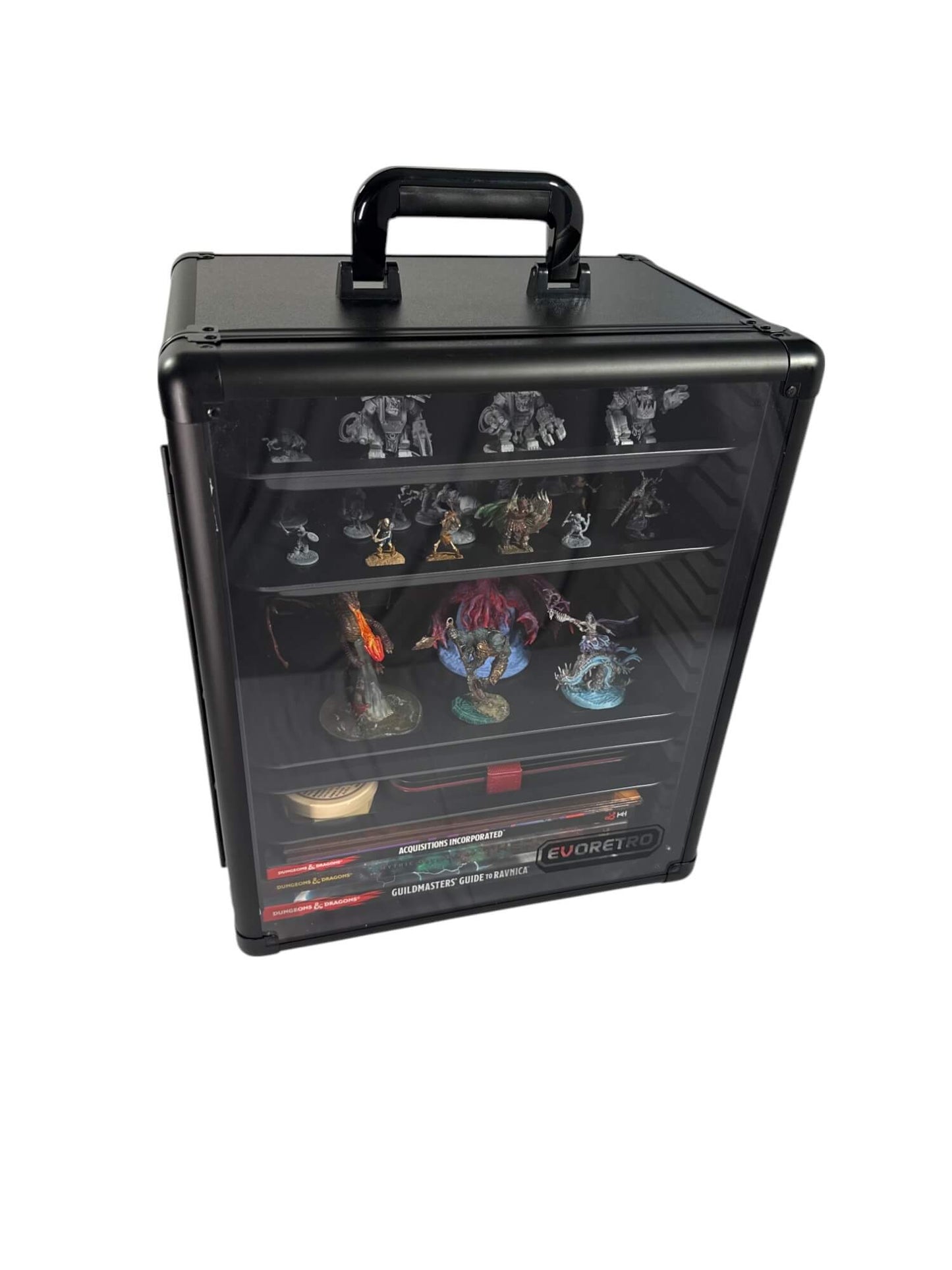 Black display case with toy figures on a white background