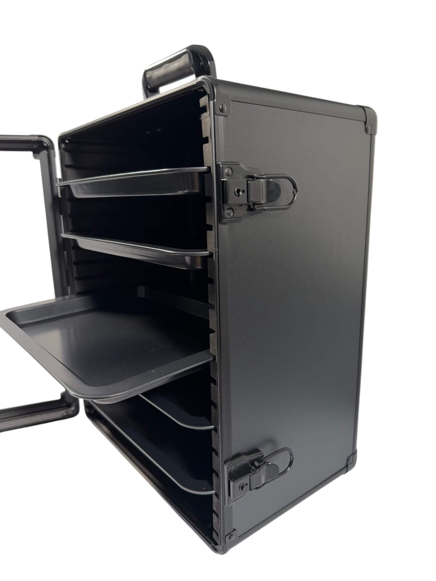 Black case with open lid on a white background