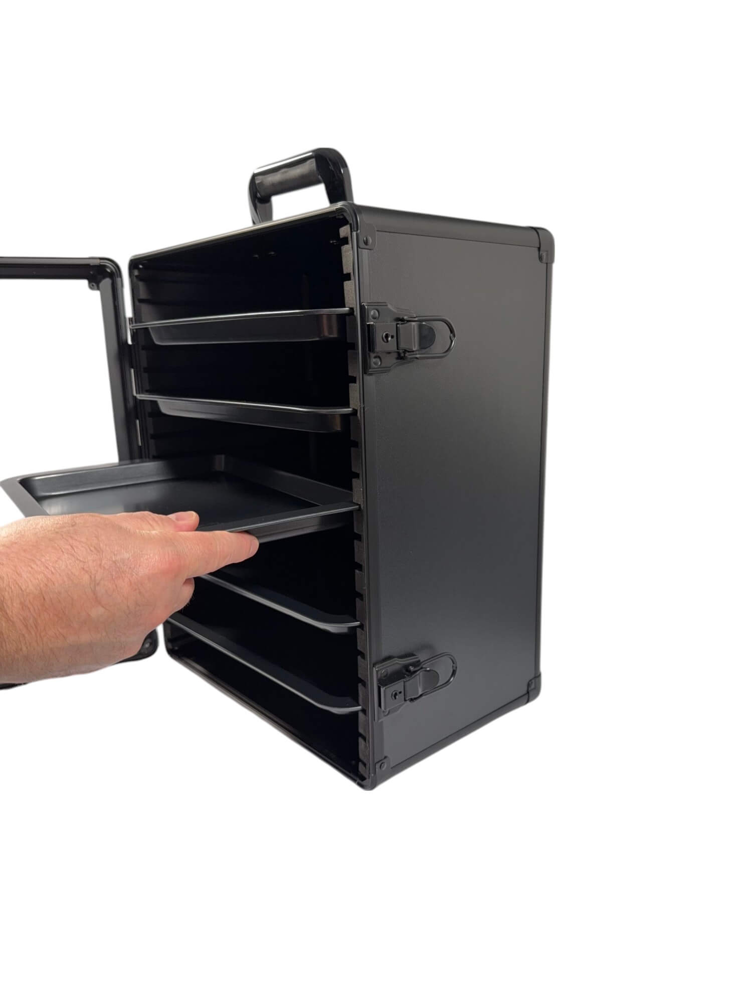 Black  case with multiple compartments on a white background