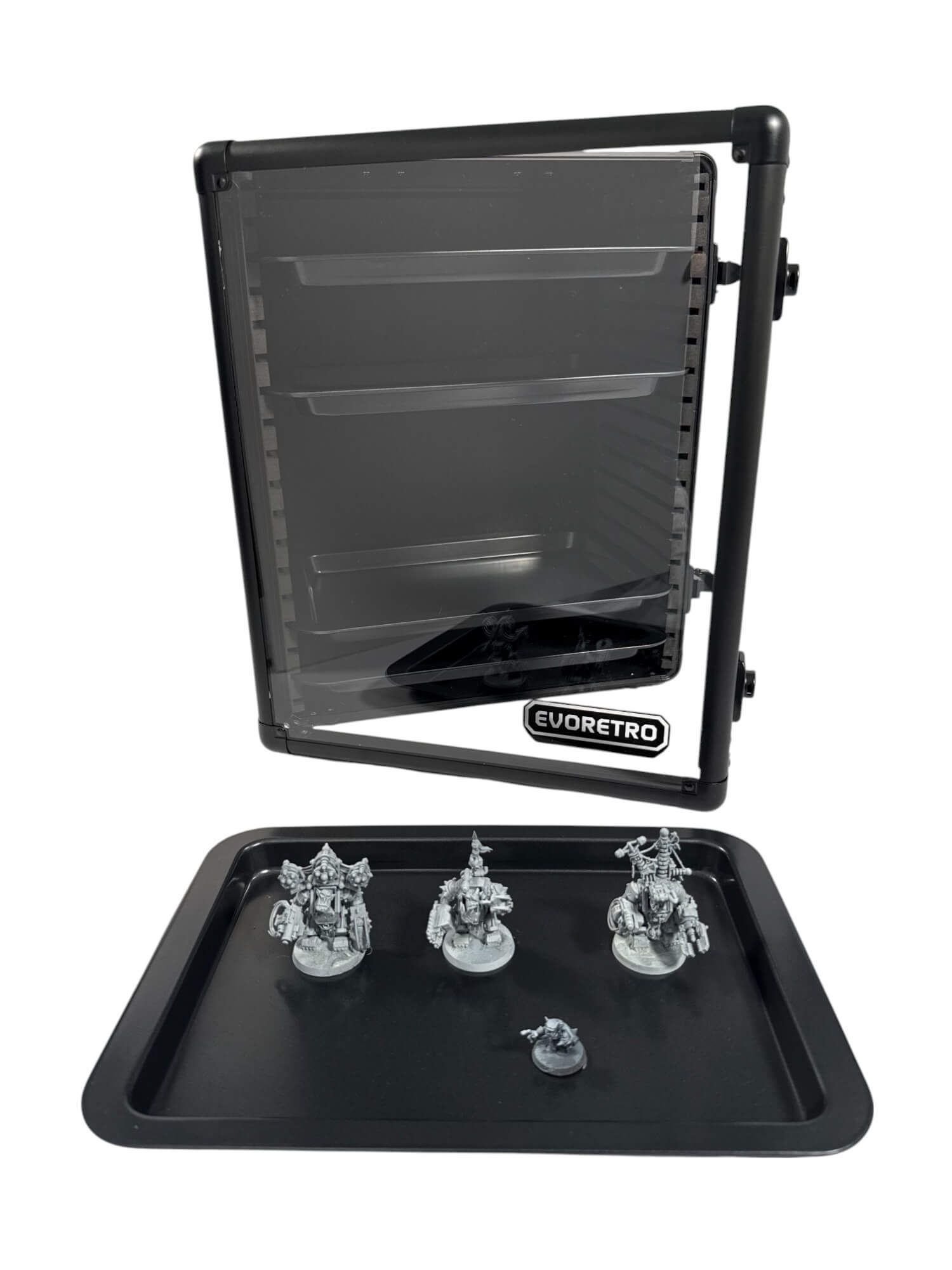 Black display case with figurines on a white background