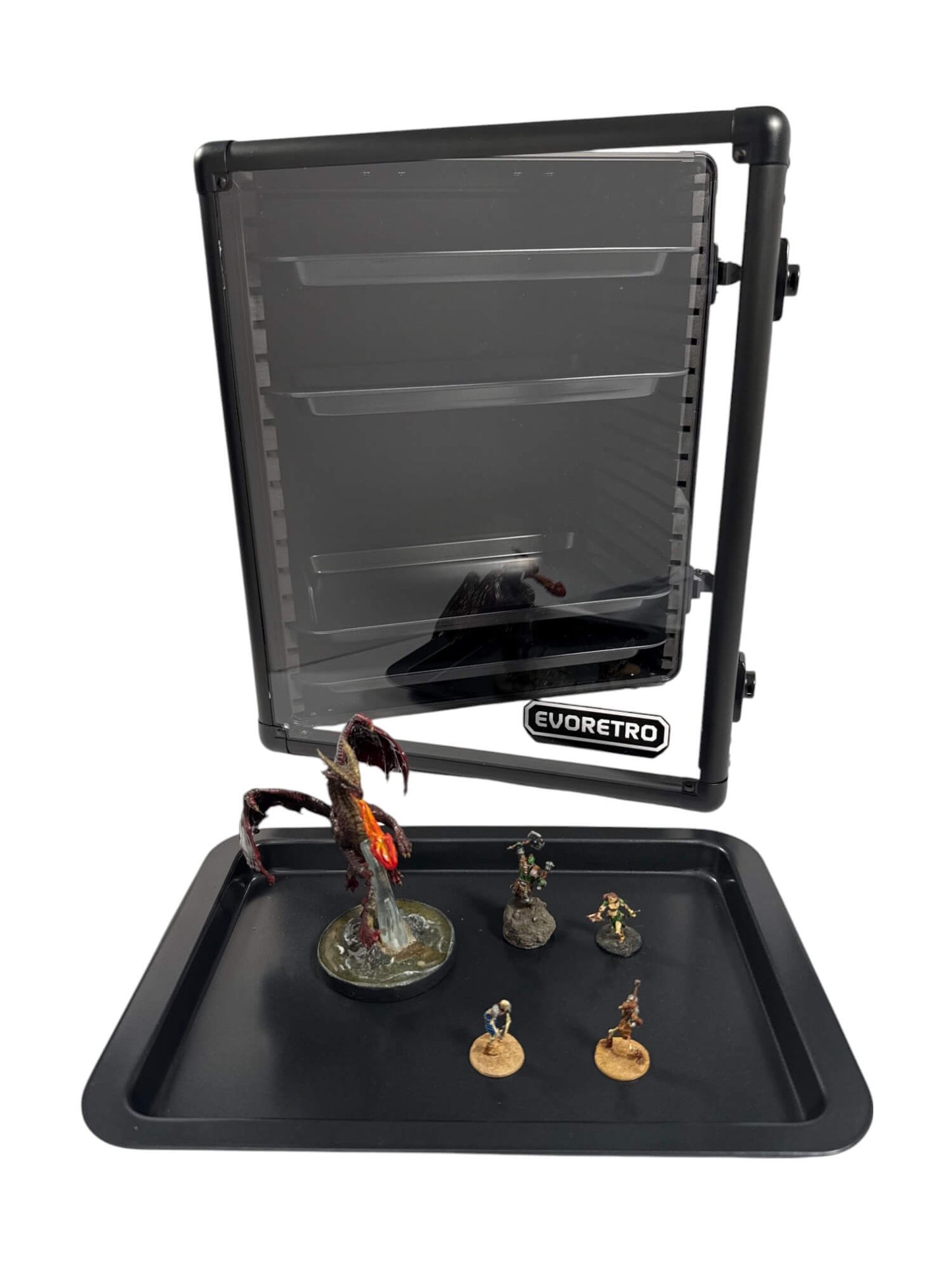 Black display stand with figurines on a white background