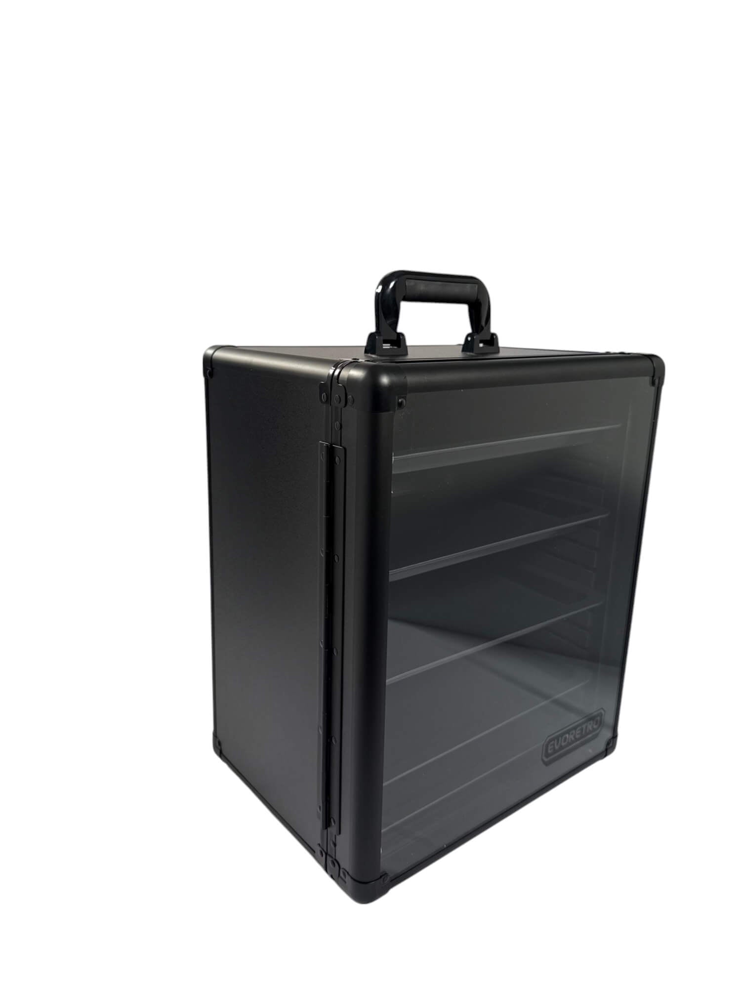 Black rectangular case with a handle on a white background