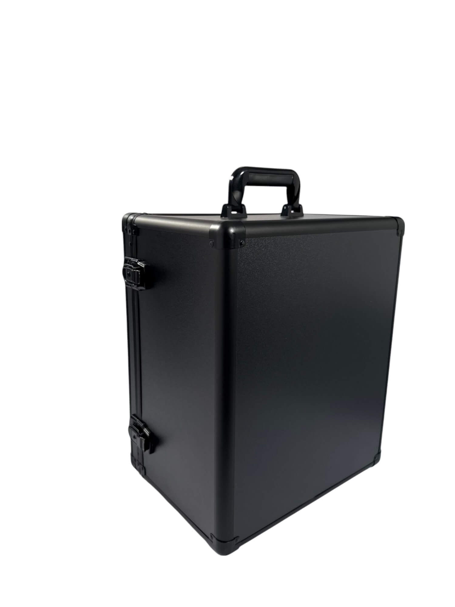 Black rectangular hard-shell case with a handle on a white background