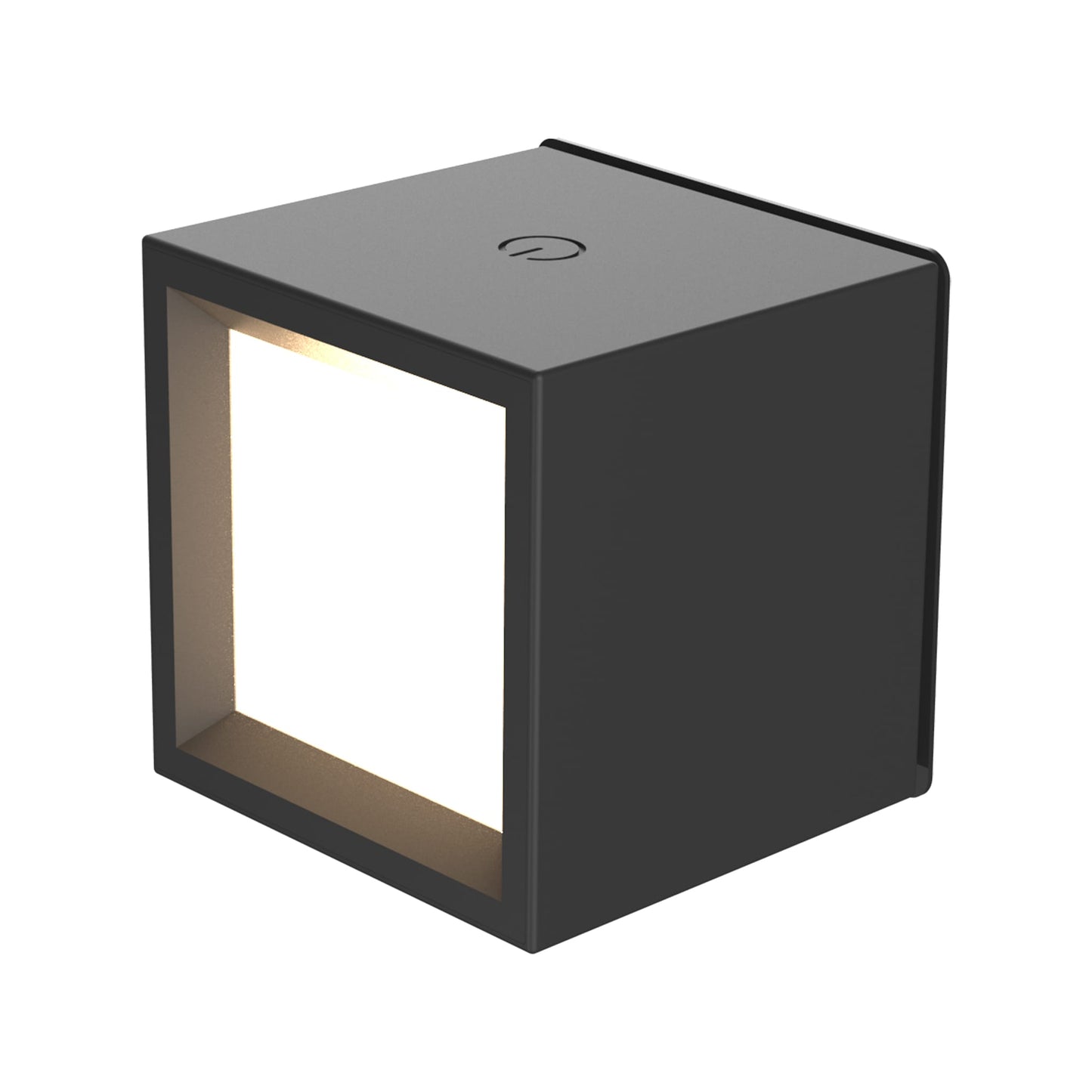 Black cube-shaped light fixture on a white background