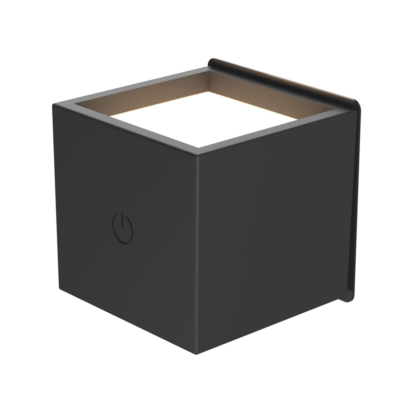 Black square light fixture with a white square insert on a white background