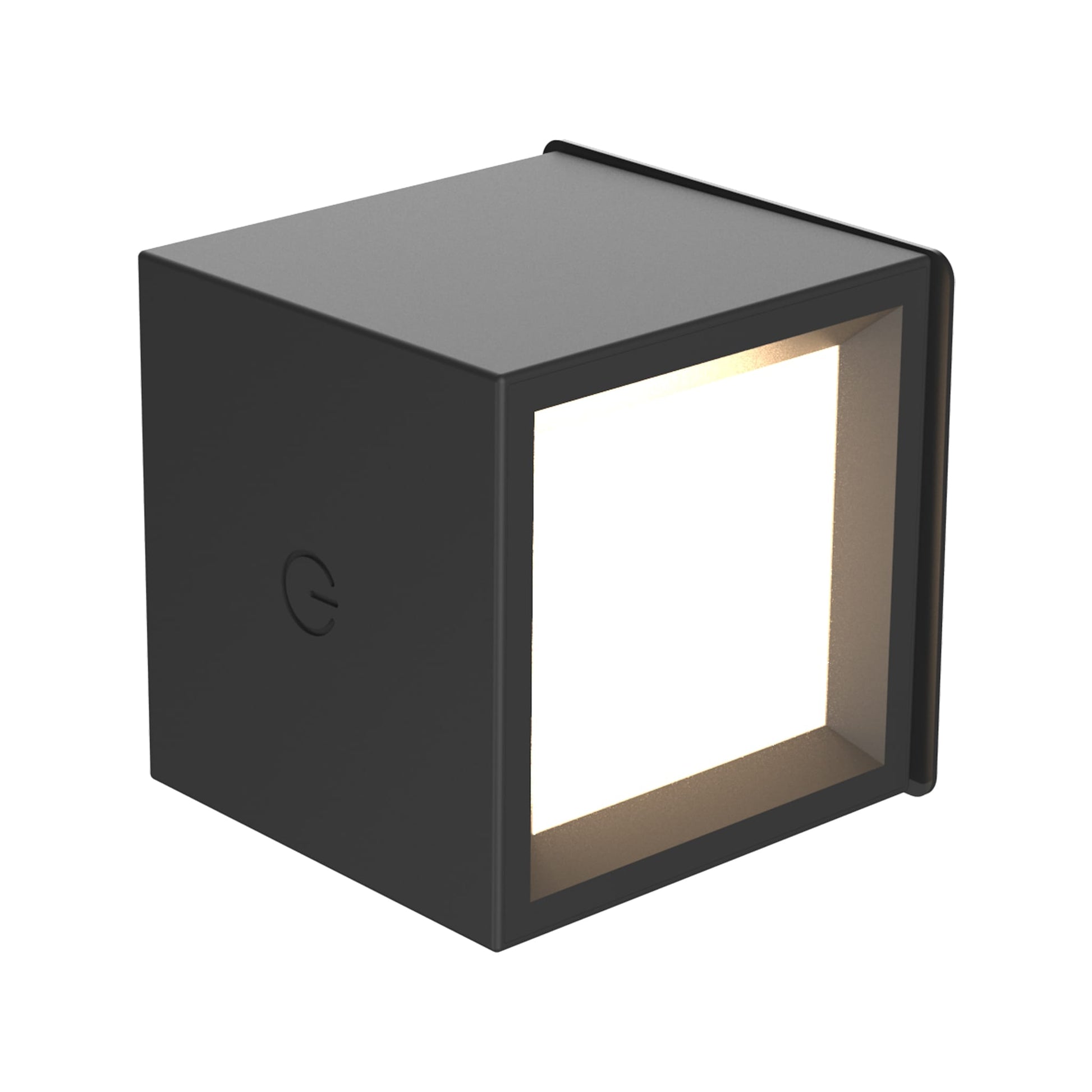 Black cube-shaped wall light on a white background
