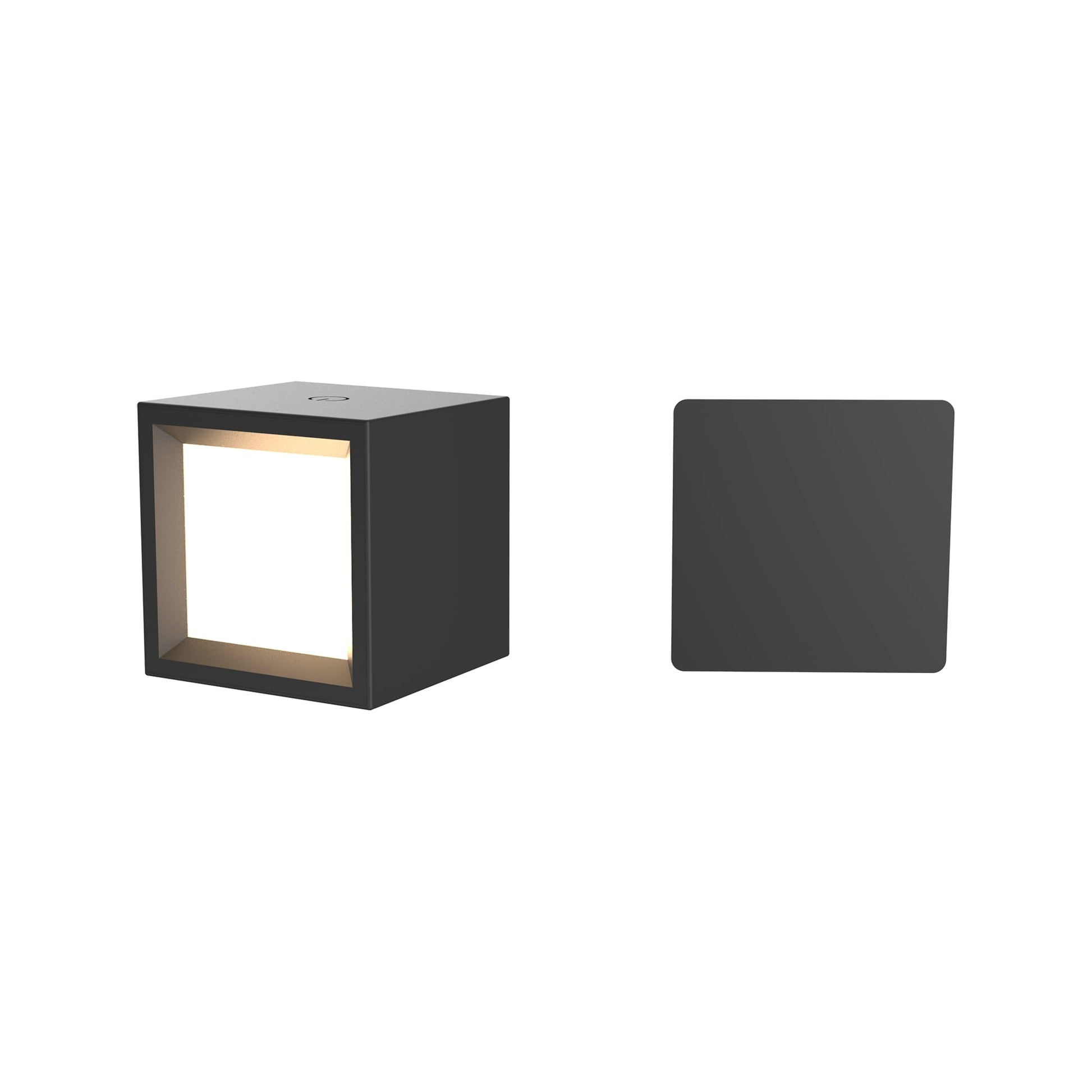 Black square wall light fixture on a white background
