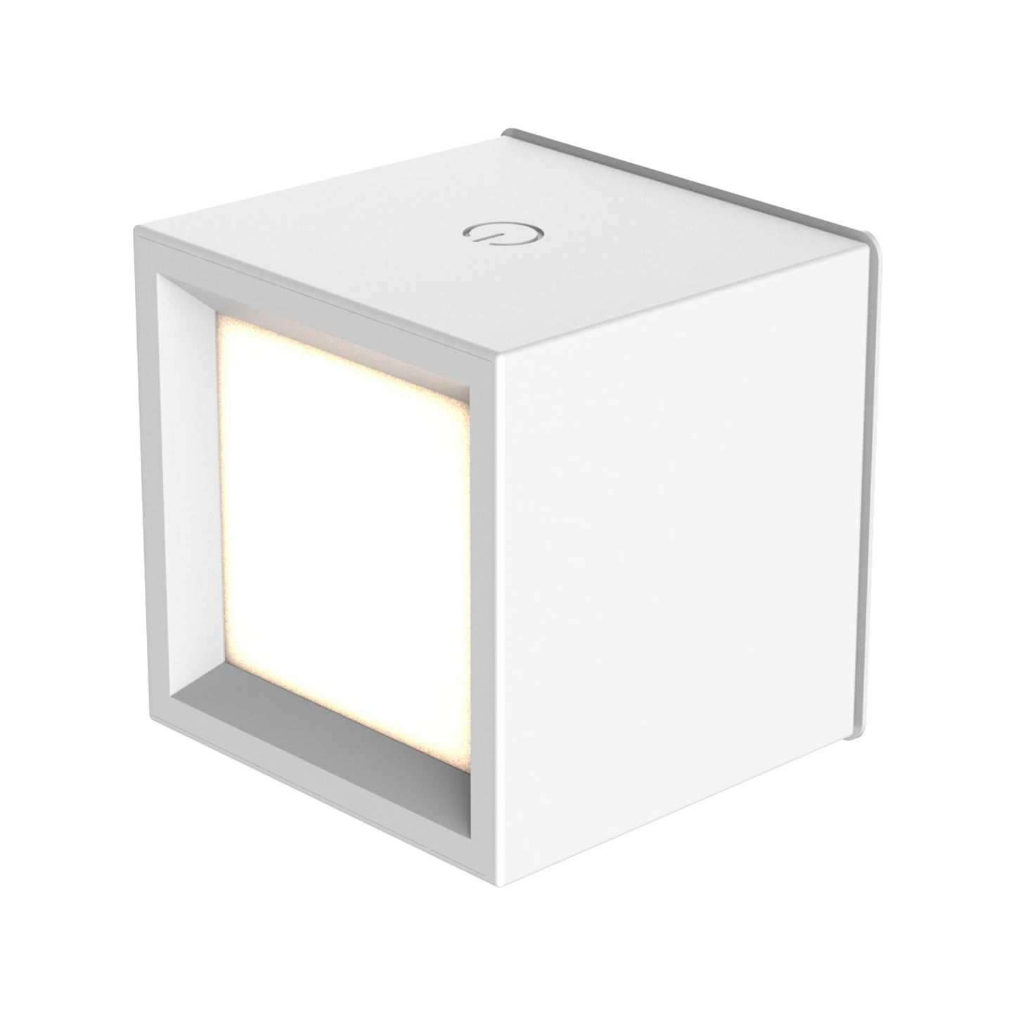 Cube-shaped light fixture with a white exterior and glowing interior on a white background