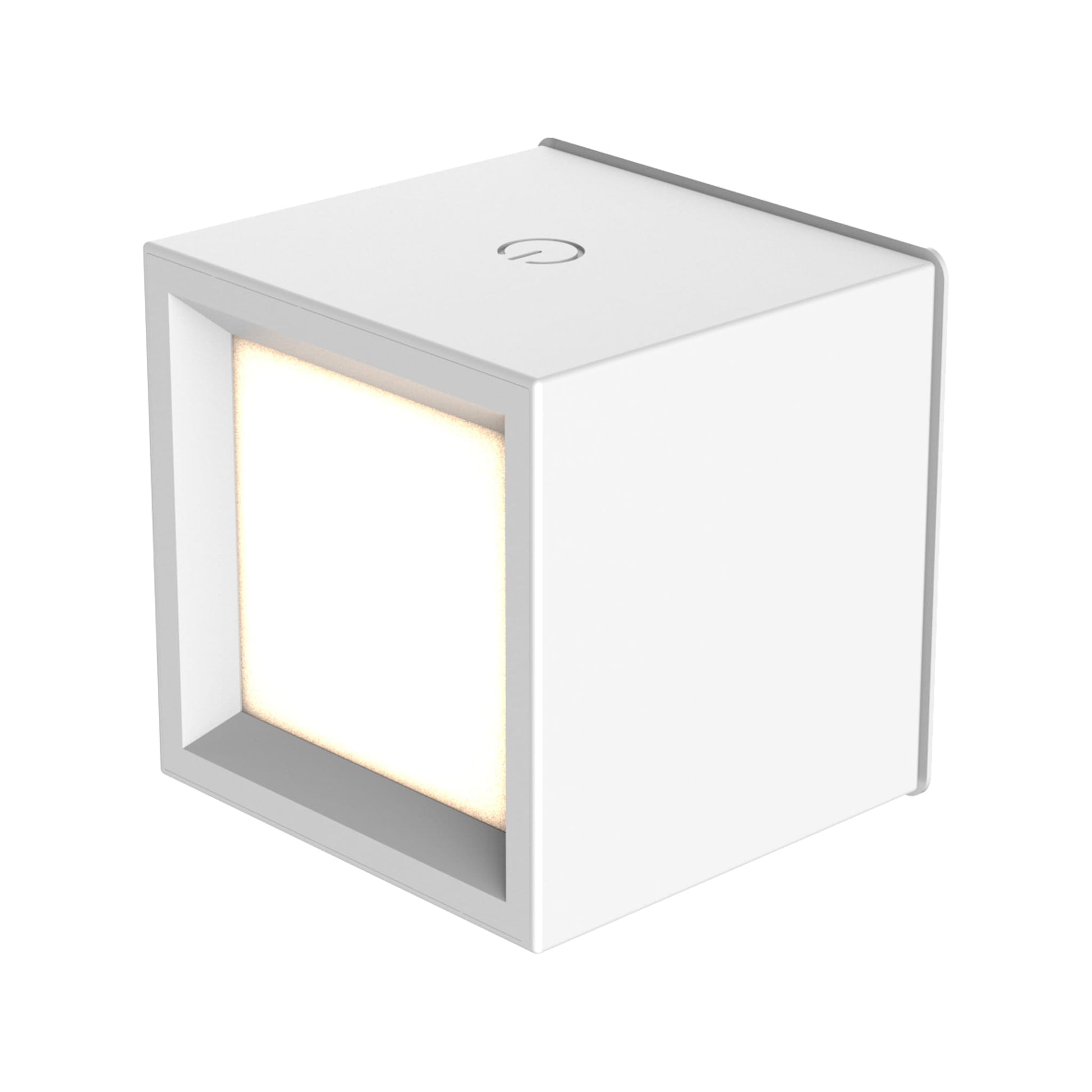 Cube-shaped light fixture with a white exterior and glowing interior on a white background