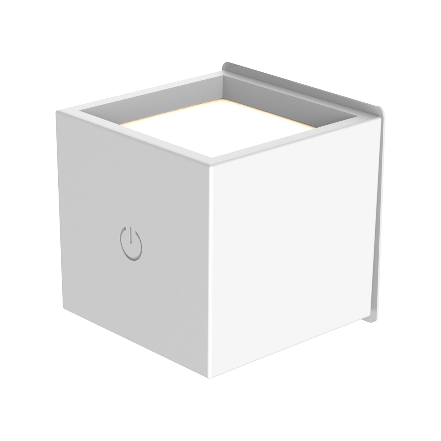 White square wall light with power symbol on a white background