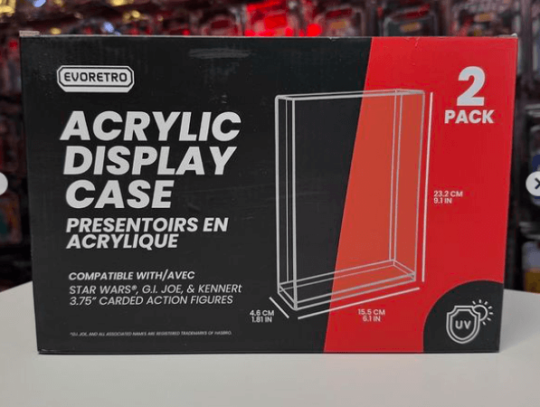 Evoretro acrylic display case packaging with UV protection feature on a blurred background