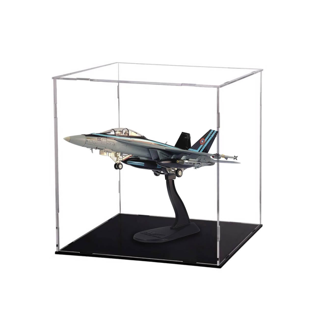 Model airplane displayed in a clear acrylic case on a white background