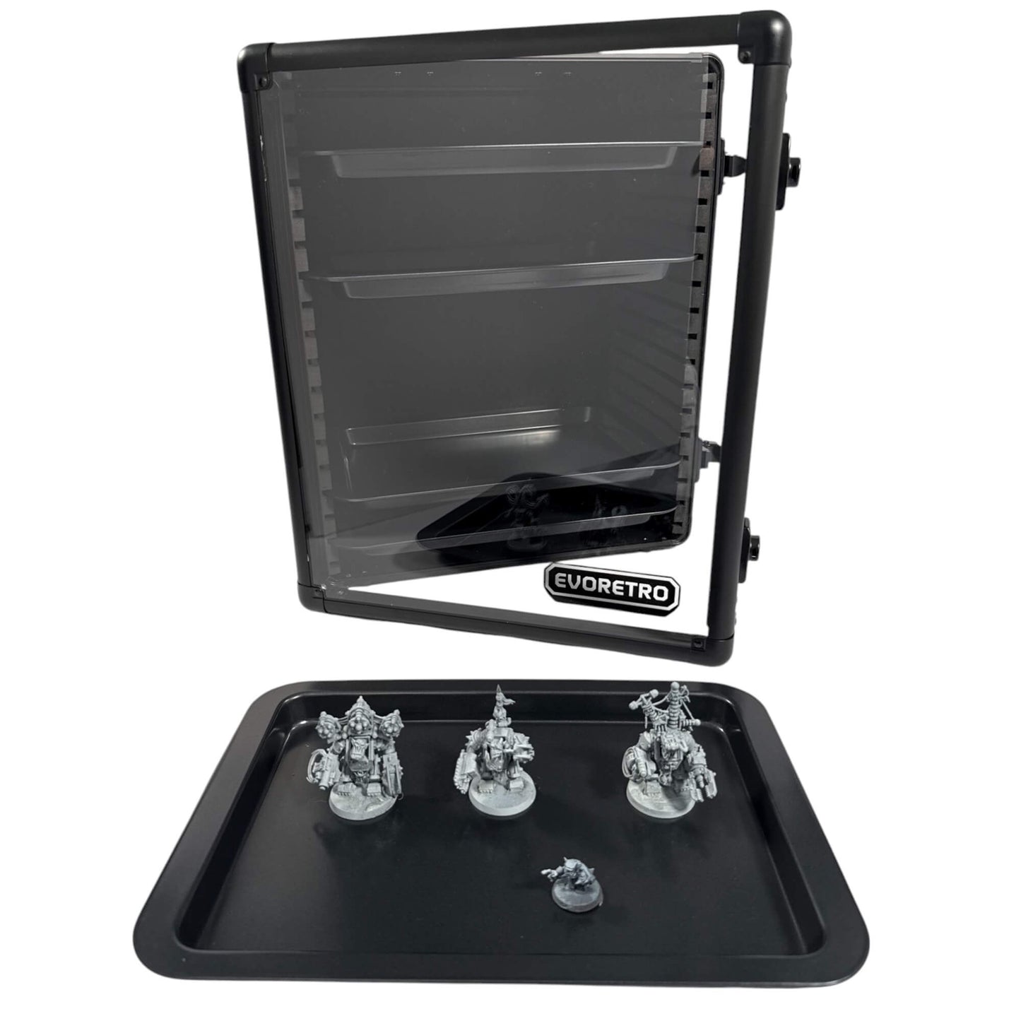 Black display stand with a clear top section and a tray at the bottom holding miniature figures, branded 'Evoretro'.