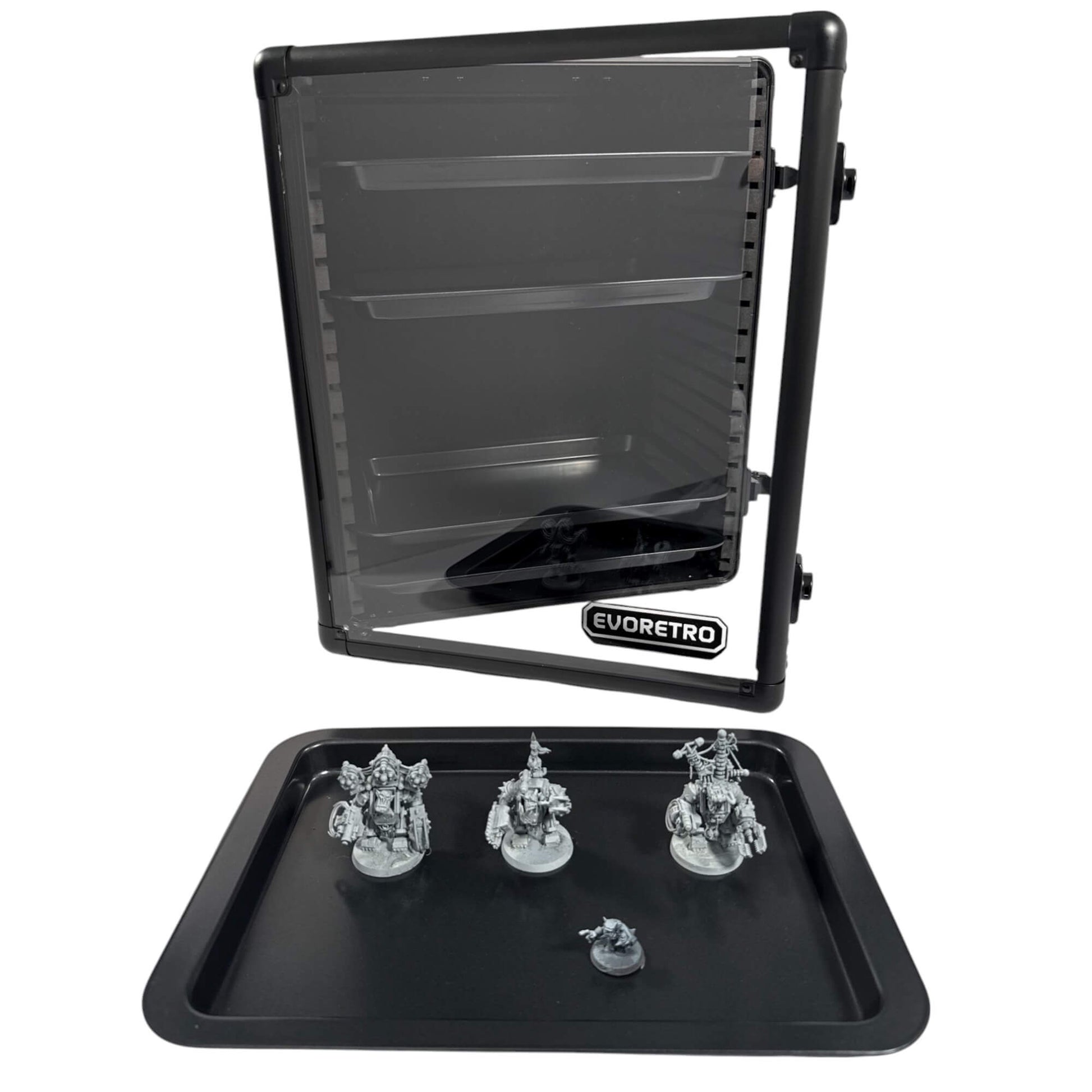 Black display stand with a clear top section and a tray at the bottom holding miniature figures, branded 'Evoretro'.