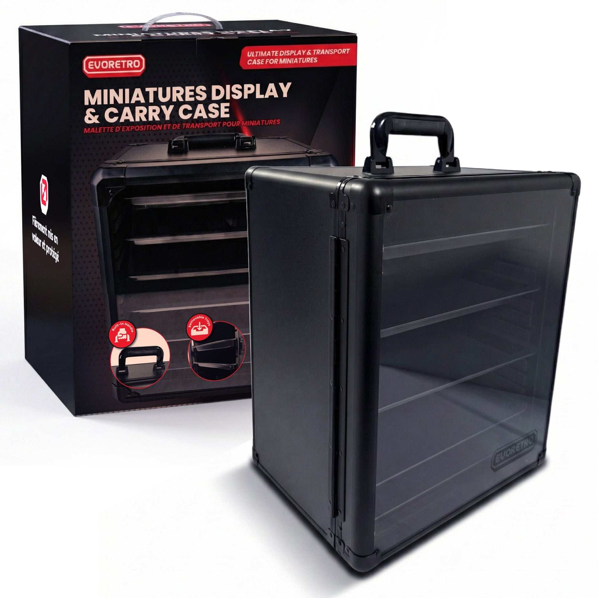Black miniatures display and carry case with packaging on a white background