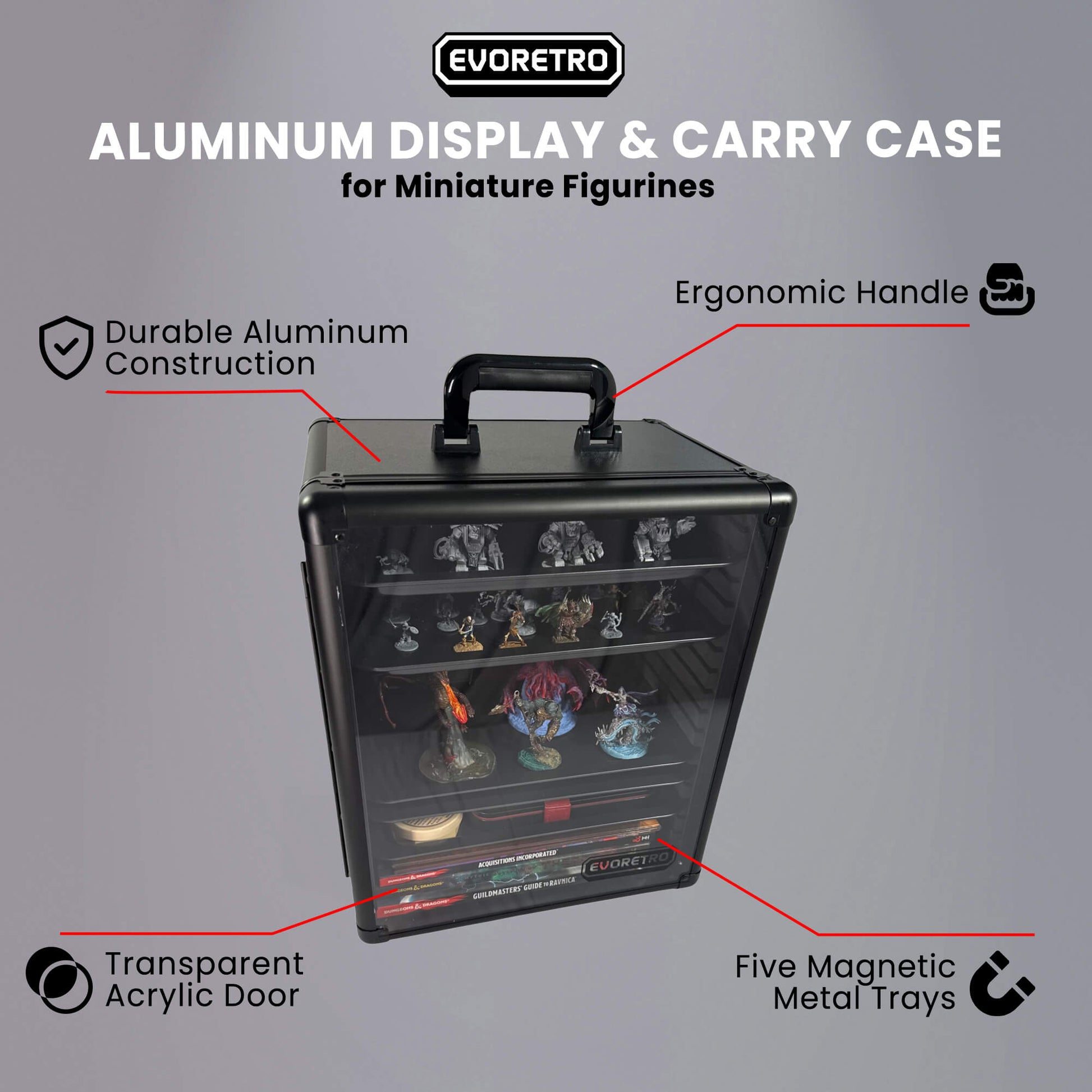 Aluminum display and carry case for miniature figurines with features highlighted on a gray background.