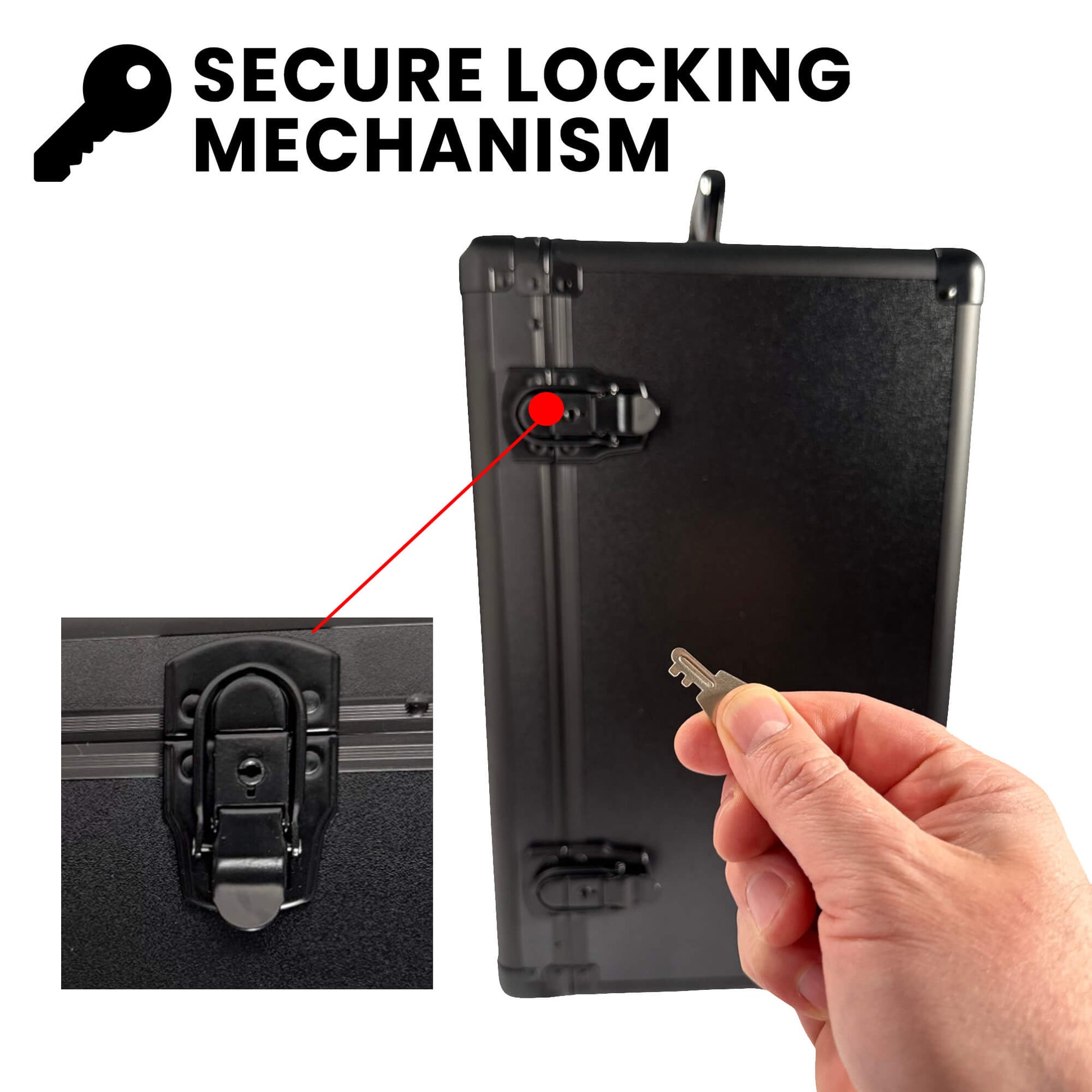 Black case with secure locking mechanism, key, and close-up of lock