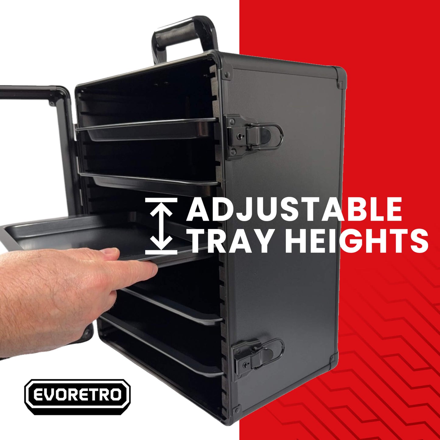 Black adjustable tray system with a hand interacting with it, on a red and white background. Evoretro brand visible.