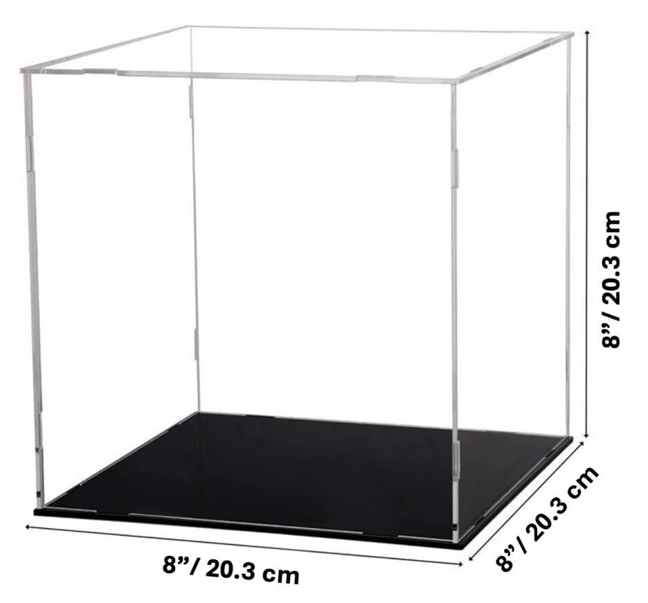 Clear acrylic display case with black base and dimensions labeled