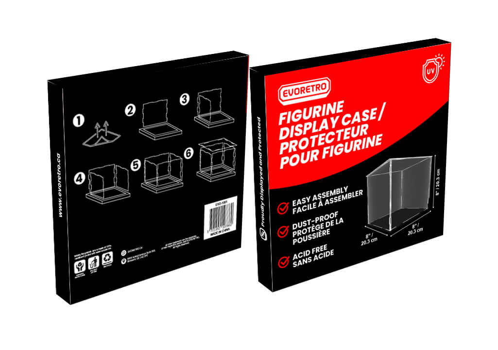 Two packaging boxes for a figurine display case on a white background