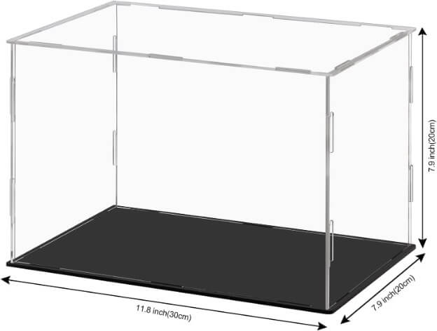Clear acrylic display case with dimensions on a white background