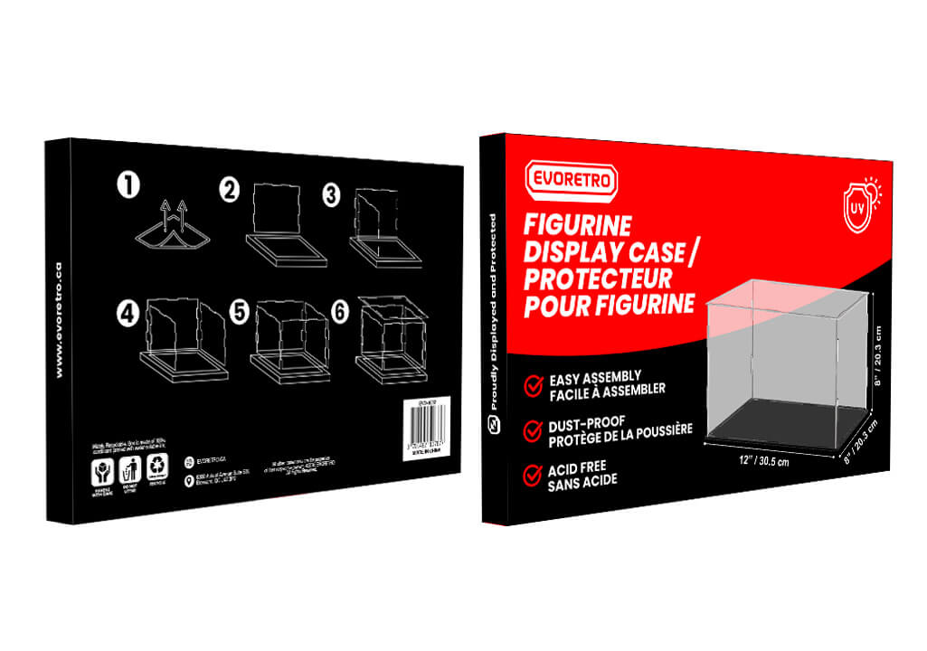 Figurine display case packaging with black and red design on a white background