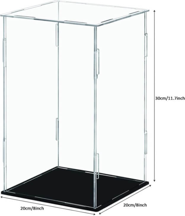 Clear glass display case with dimensions on a white background
