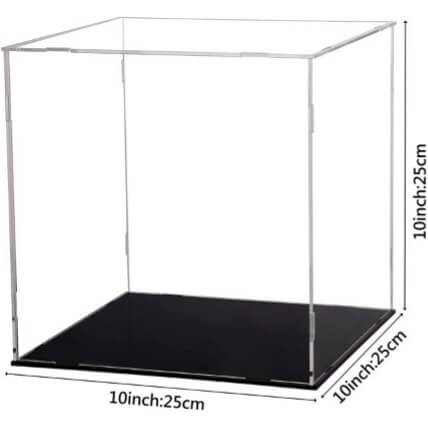 Clear acrylic display case with black base and dimensions indicated