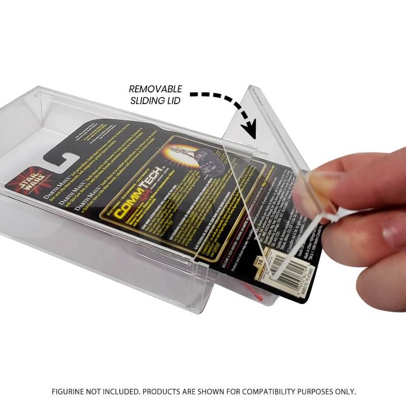 Hand opening a clear plastic case with a figurine packaging, showing a removable sliding lid.