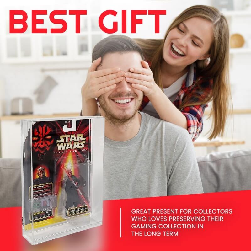 Man with a 'Star Wars' figurine gift box, being playfully covered by a woman, with promotional text about the gift.