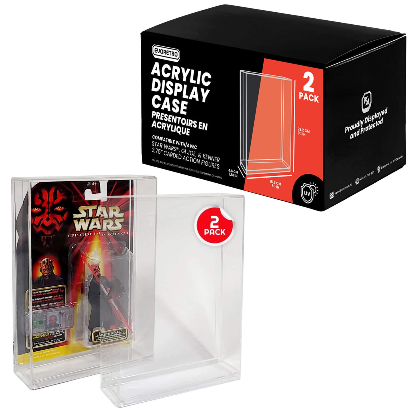 Acrylic display case with Star Wars figure and EUGOTECO packaging on a white background