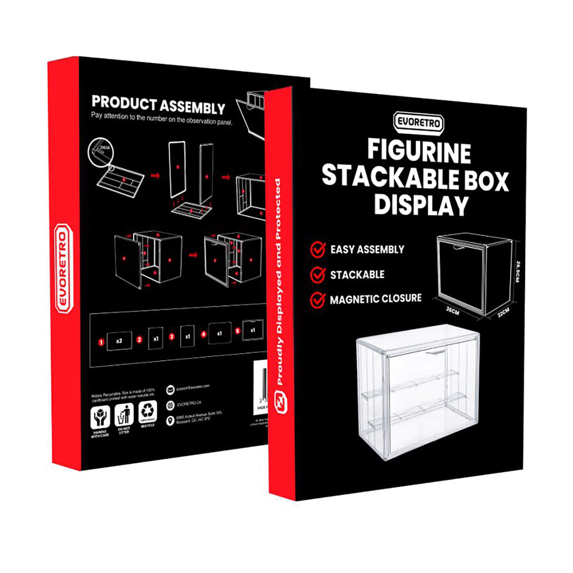 Evoretro figurine stackable box display packaging with assembly instructions.