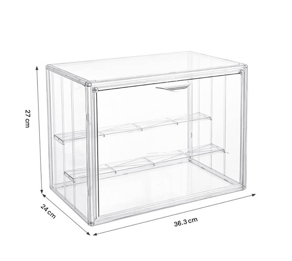 Clear display case with dimensions on a white background