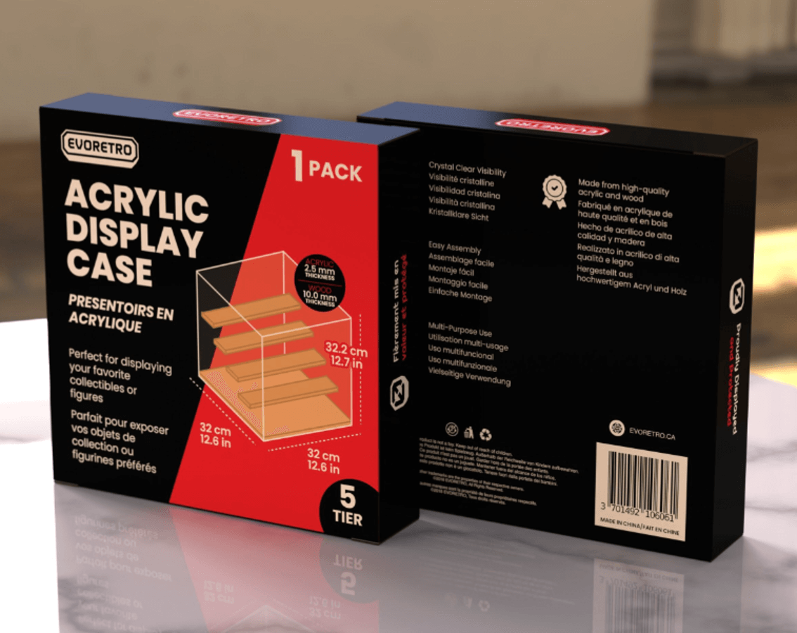 Acrylic display case packaging with red and black design on a reflective surface.