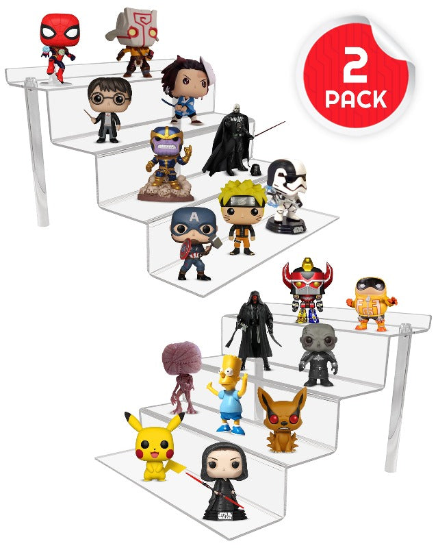 Collection of superhero and cartoon figurines in clear stands with a '2 Pack' label.