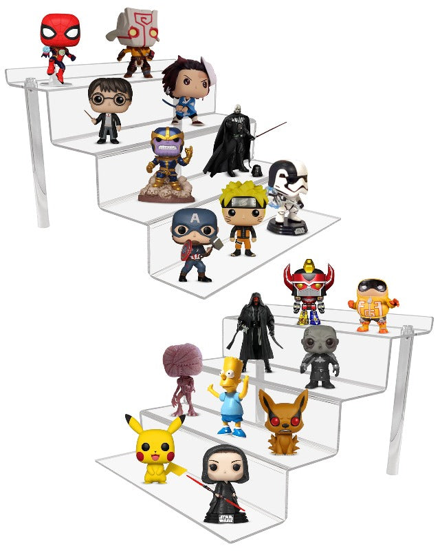 Collection of various action figures on a transparent display stand against a white background