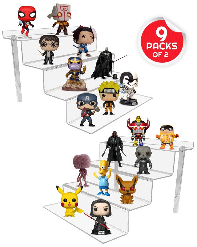 Collection of superhero and cartoon figurines on clear shelves with a '9 Packs of 2' label.