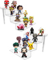 Collection of various action figures on a transparent display stand against a white background
